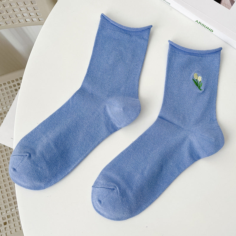 Thin Stacked Socks Macaron Embroidery