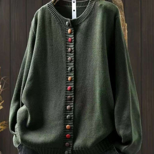 Women’s Loose Cotton Cardigan With Colored Buckle Detail