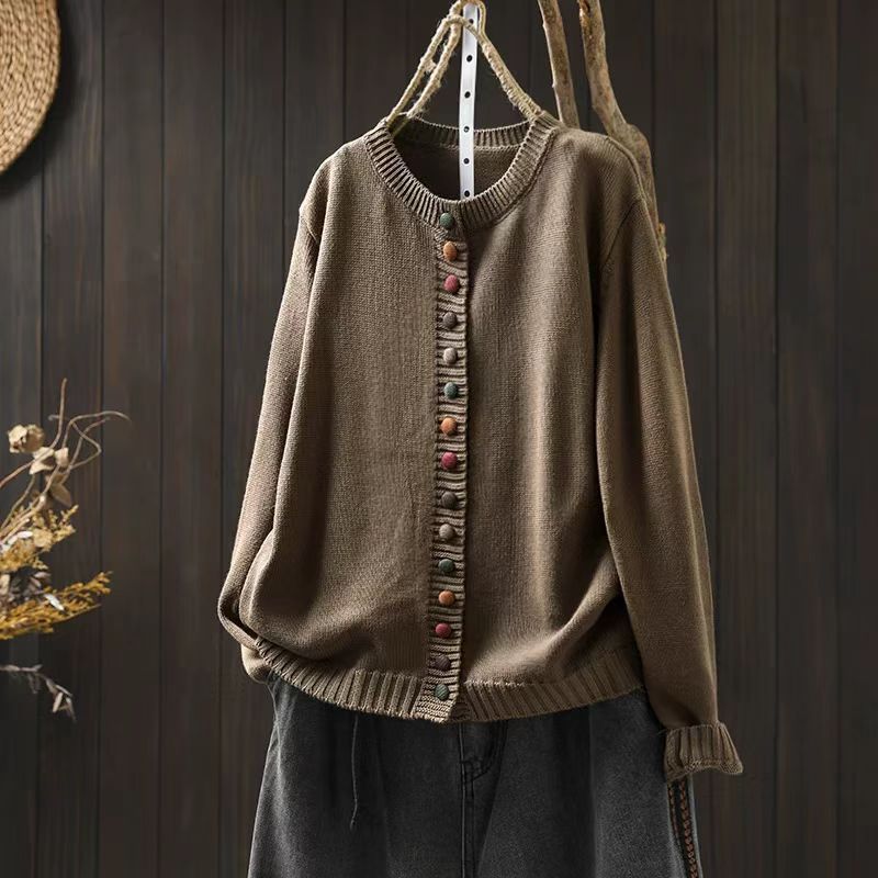 Women’s Loose Cotton Cardigan With Colored Buckle Detail