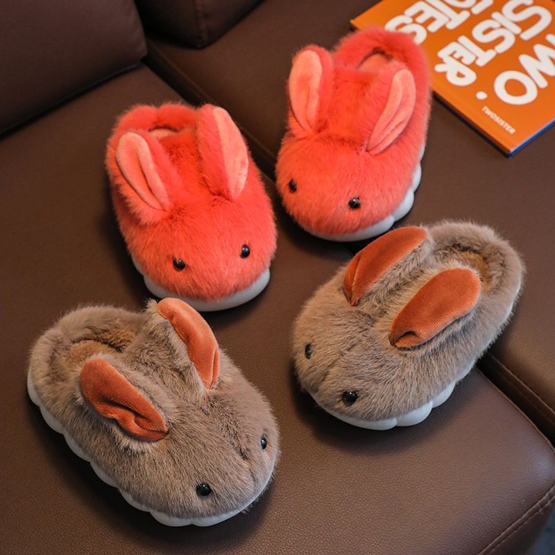 Winter Soft Sole Household Cartoon Cute Rabbit Big Medium And Small Children's Woolen Shoes Adorable 3D bunny ears and red-nose design