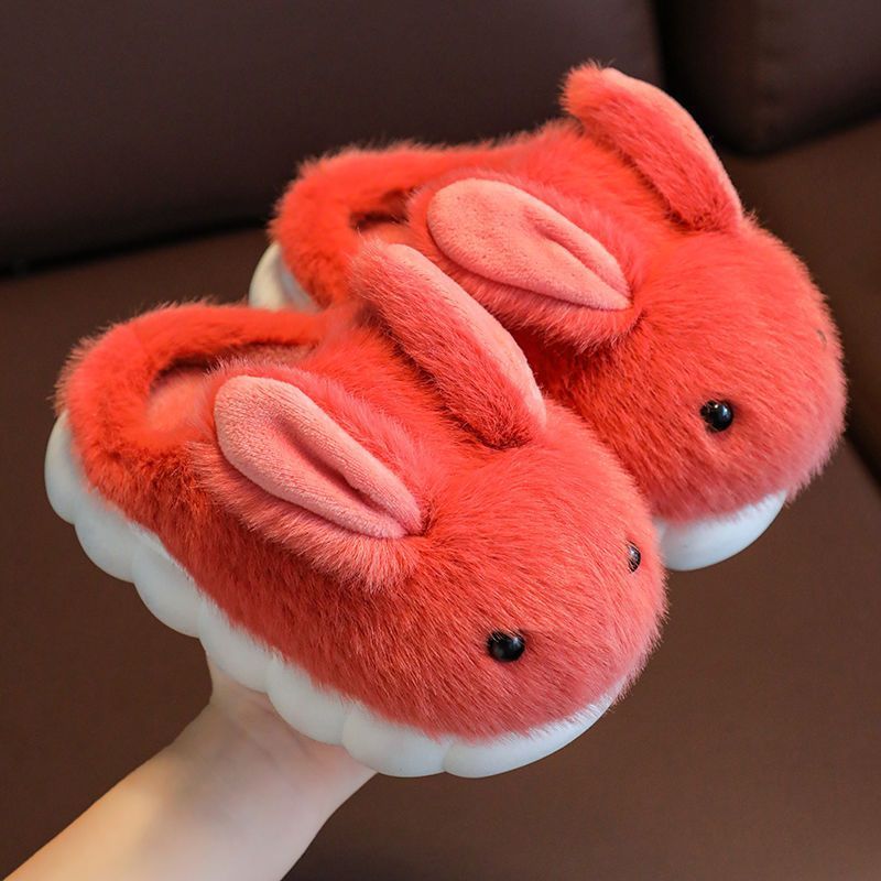 Winter Soft Sole Household Cartoon Cute Rabbit Big Medium And Small Children's Woolen Shoes Adorable 3D bunny ears and red-nose design