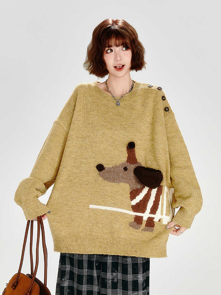 Retro Crew Neck Knitted Sweater Women's Loose Chic Top