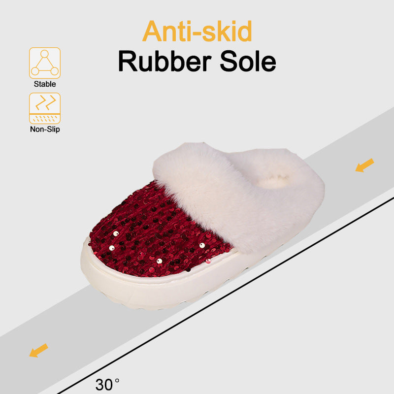 Sequined Large Wool Mouth Plush Toe Cap Cotton Slippers