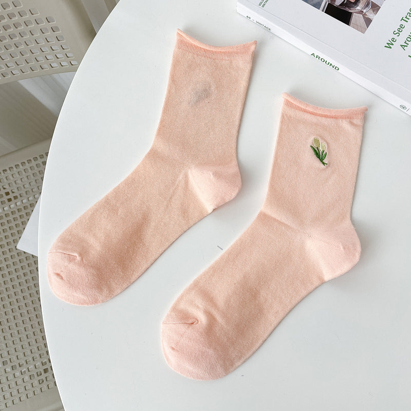 Thin Stacked Socks Macaron Embroidery
