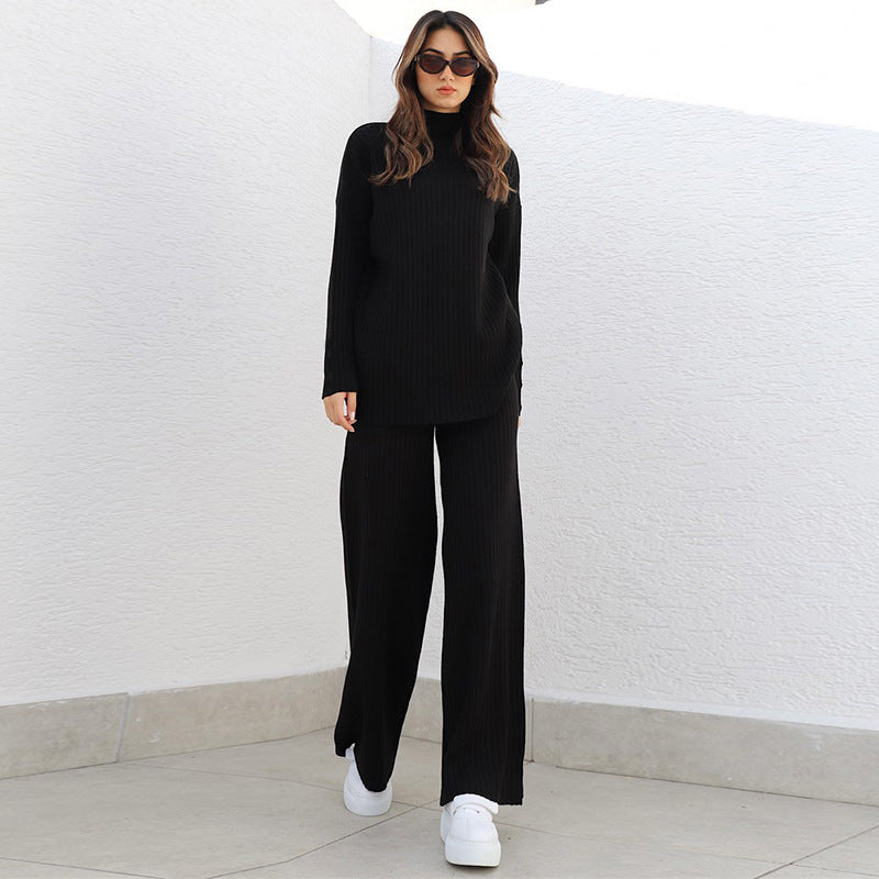 Two-piece Cross-border New Spring Leisure Slimming Solid Color Turtleneck Loose Knitted Long Sleeves Ladies
