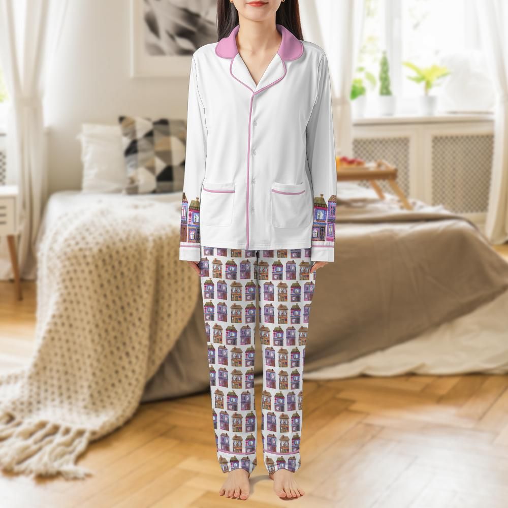All-over Print Piping Pajamas Set with Double Pockets